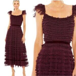 Elegant MacDoughal Plum Ruffle Cap Sleeve Tiered Midi Dress, 4 NWTs